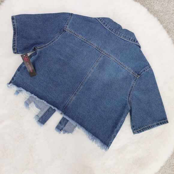 No Boundaries Juniors Distressed Dark Wash Short Sleeve Cropped Shacket Size XS - Picture 7 of 7